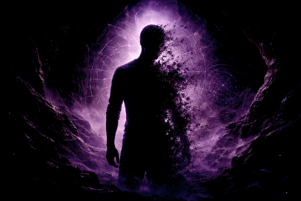 Silhouette humaine se fragmentant dans l’ombre, symbolisant la dissolution de l’ego et le début du processus d’alchimie intérieure selon l’approche psychologique de Rayan Gori, Hypno-Alchimiste.