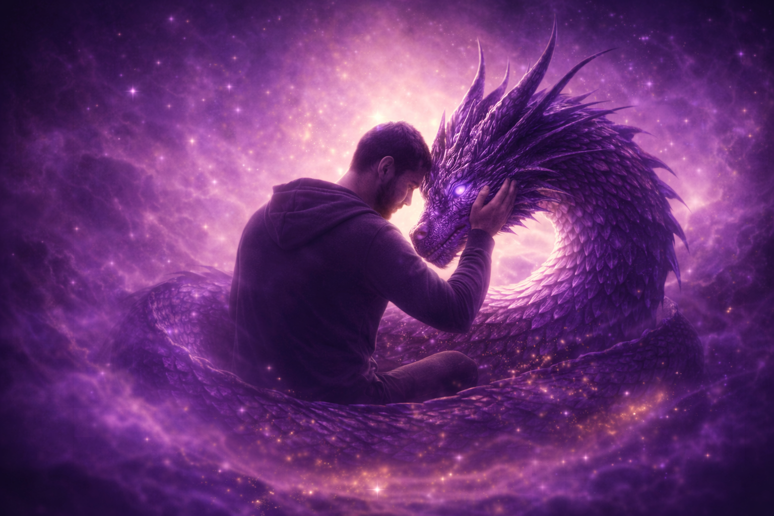Dragon intérieur — Présence latente dans une brume violette, symbole de l’inconscient — Rayan Gori, Hypno-Alchimiste