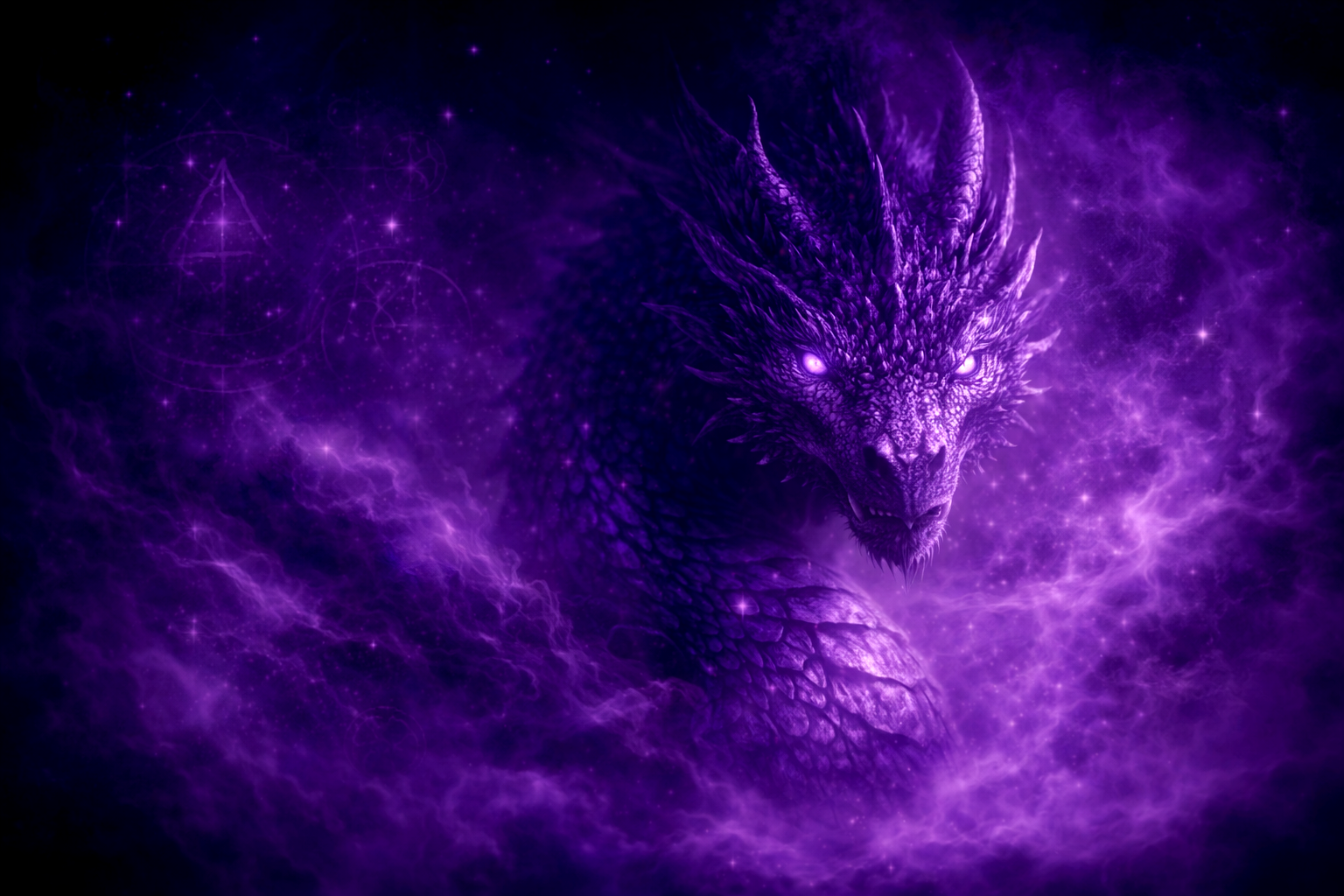 Dragon intérieur et inconscient profond — dragon paisible intégré au décor intérieur, cavernes violettes — Rayan Gori, Hypno-Alchimiste