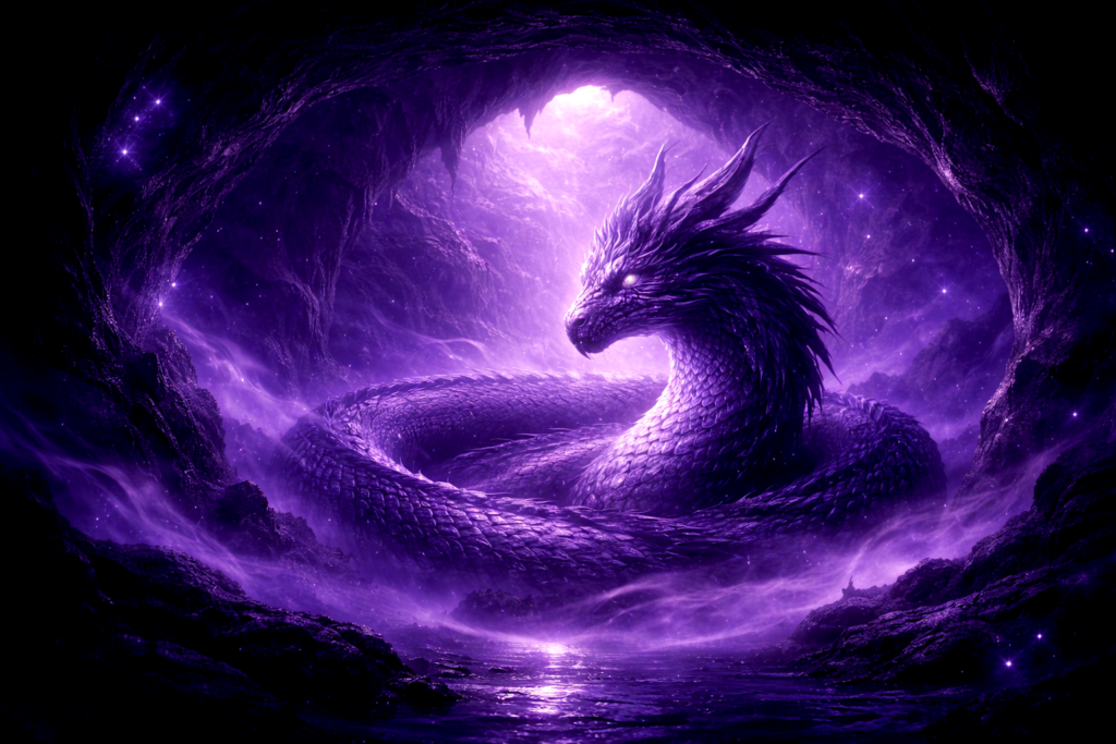 Dragon intérieur émergeant d’un voile violet, symbole de la force inconsciente et de la présence intérieure – Rayan Gori Hypno-Alchimiste
