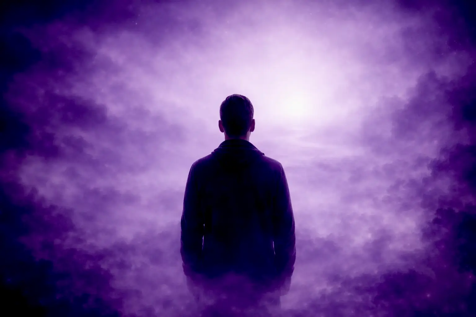 Hypnose et angoisse : explorer l’espace intérieur — Rayan Gori (Hypno-Alchimiste), silhouette de dos dans une atmosphère violette apaisante