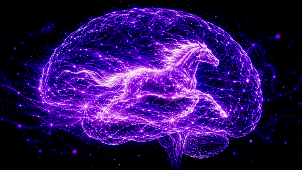 Cerveau lumineux traversé par un cheval au galop, symbole de la pensée rapide chez les personnes neuroatypiques accompagnées en hypnose.