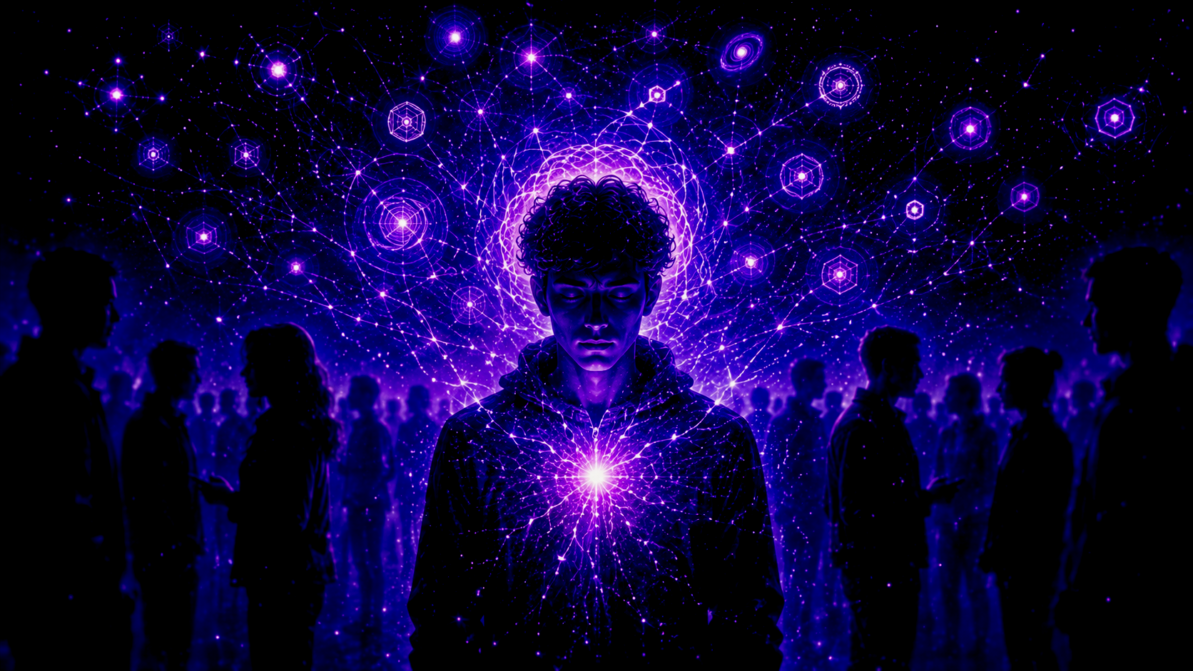 Personne lumineuse au milieu d’un groupe, symbole du décalage ressenti par certaines personnes neuroatypiques et accompagné par l’hypnose.