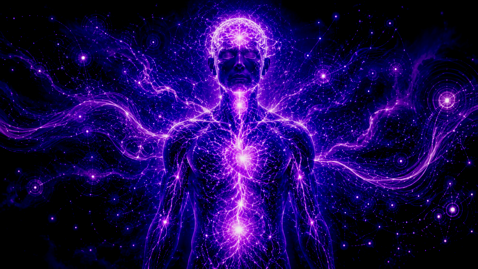 Silhouette lumineuse reliée au cerveau et au cœur, symbole de l’hypersensibilité et de l’accompagnement en hypnose pour les profils neuroatypiques.