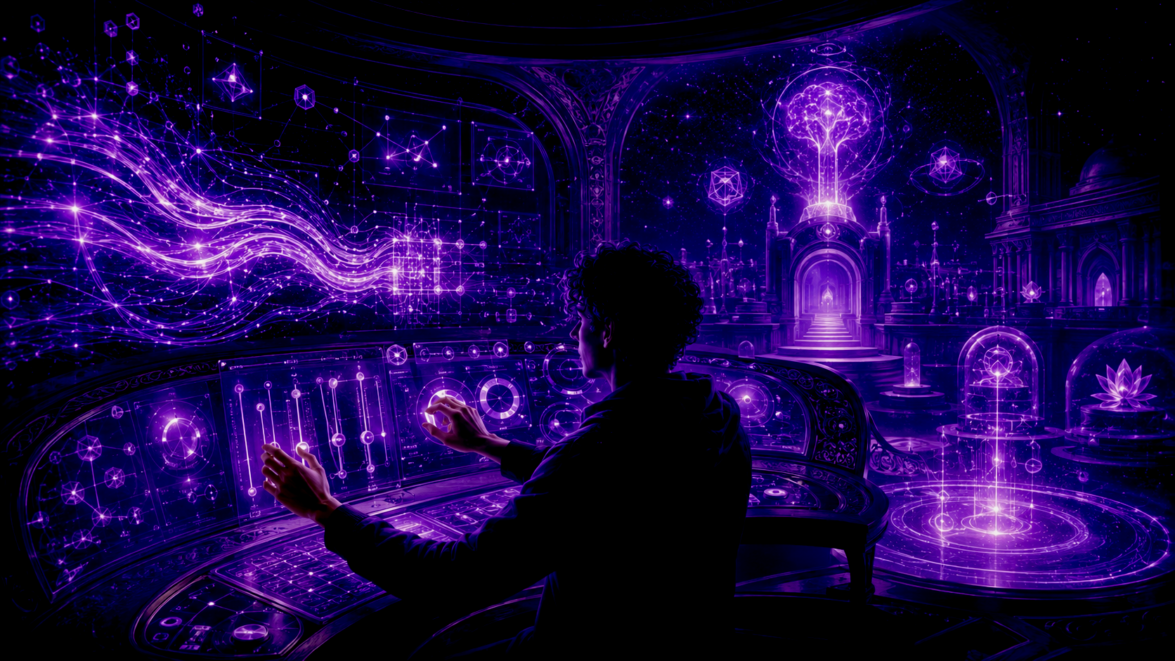 Personne utilisant un tableau de bord intérieur lumineux, symbole de l’hypnose et de la régulation mentale chez les profils neuroatypiques.