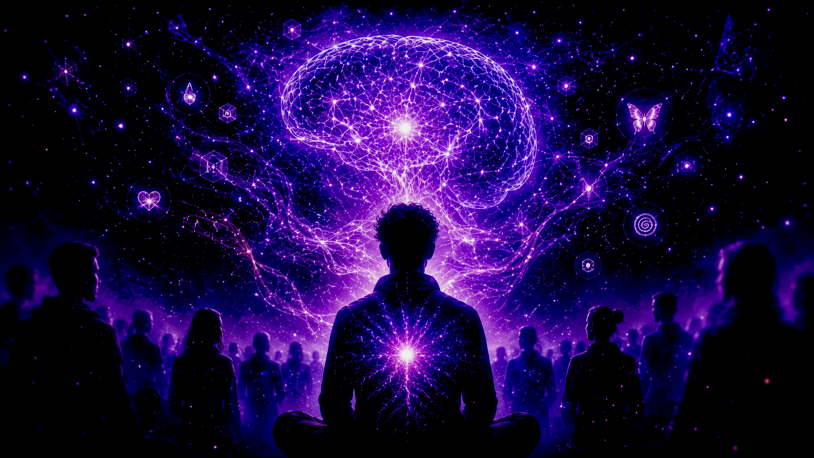 Personne neuroatypique en méditation devant un cerveau lumineux, symbole de l’hypnose et de la régulation intérieure.