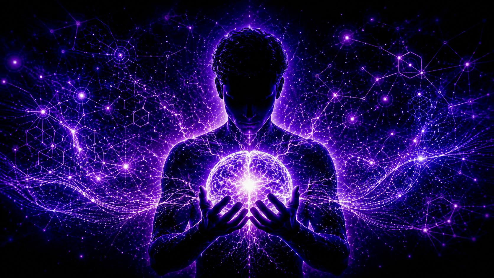 Silhouette tenant un cerveau lumineux entouré de réseaux de données, symbole du lien entre IA, cognition et travail social.
