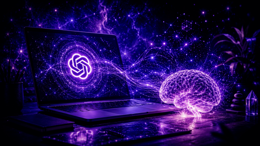 Ordinateur portable avec logo d’IA et cerveau lumineux sur une table, illustrant le dialogue entre IA générative et cognition humaine.