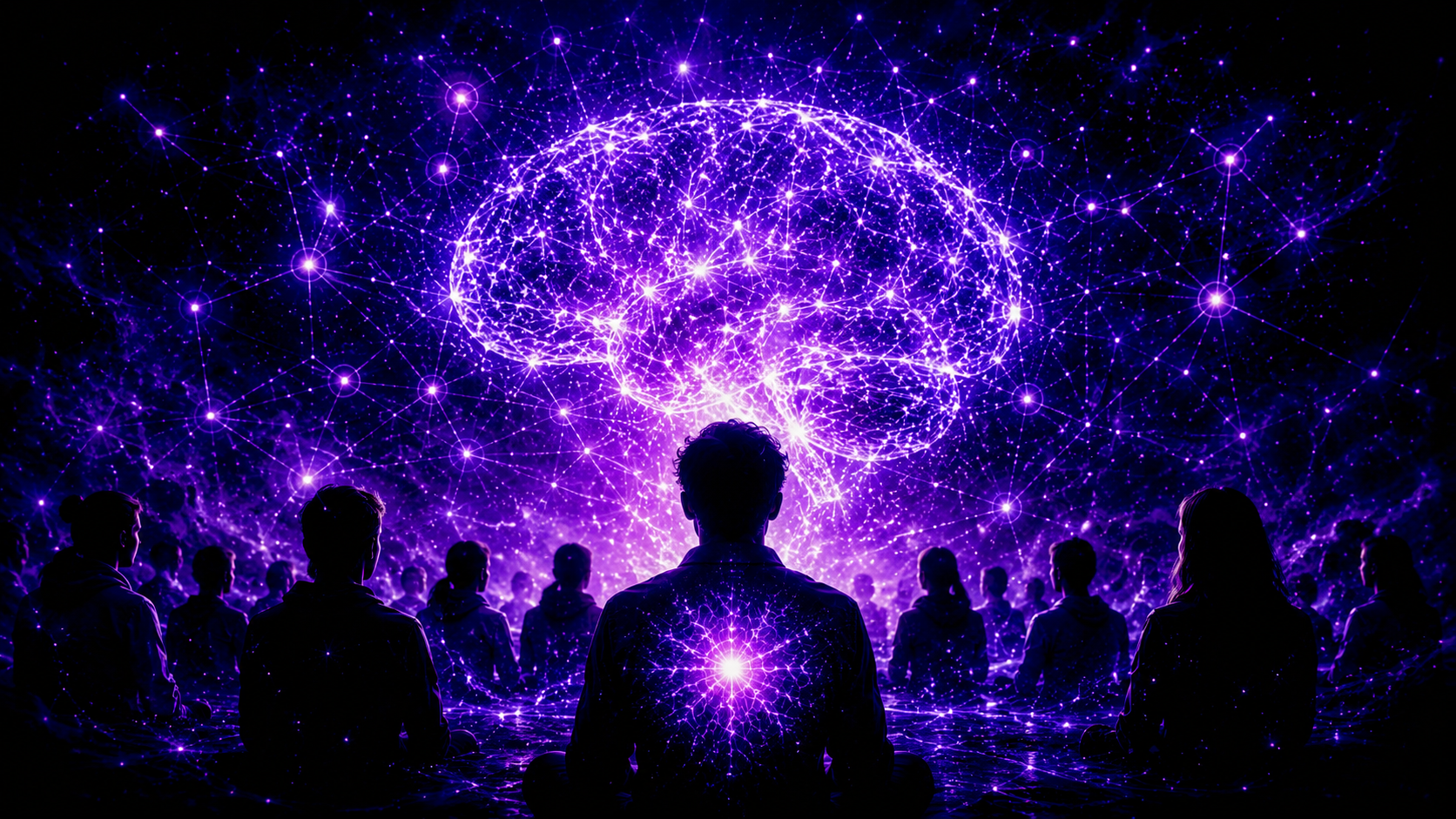 Groupe de silhouettes face à un cerveau lumineux, représentant l’IA comme outil de formation, de cognition et de réflexion collective.