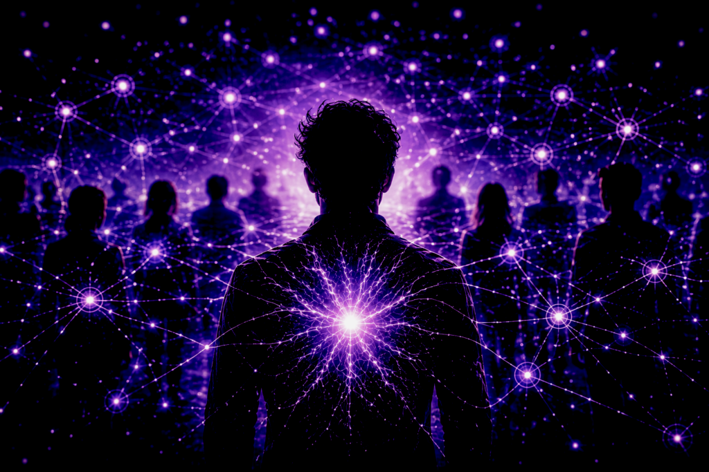silhouette humaine connectée à un réseau numérique représentant l’intelligence artificielle dans le travail social