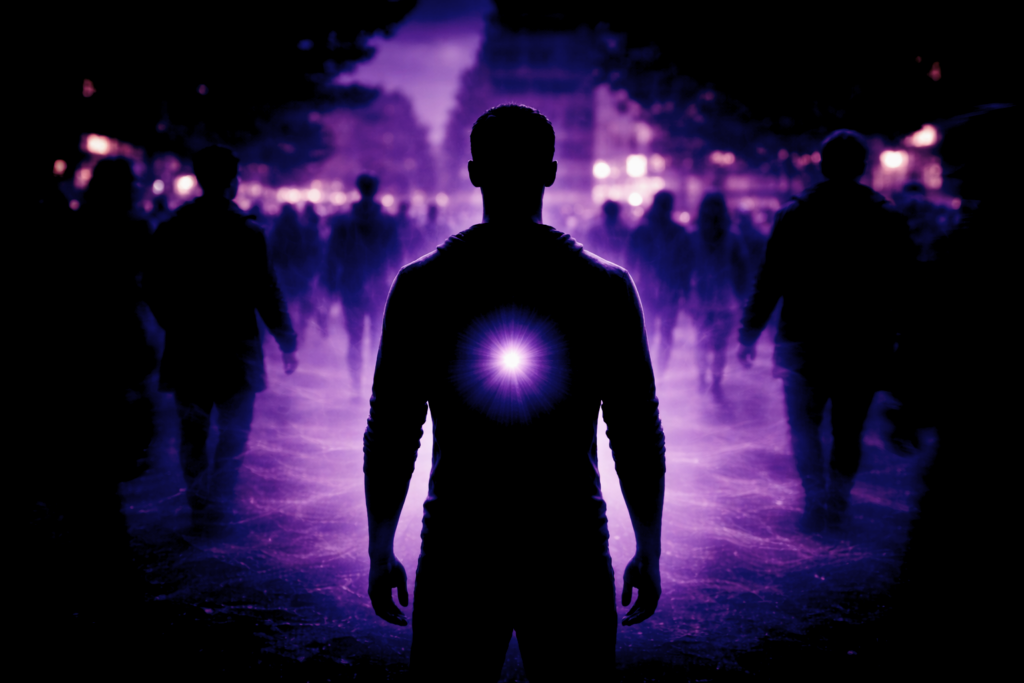 La résilience face aux critiques – un homme avance au milieu d’une foule floue, symbole de force intérieure et de stabilité émotionnelle – Rayan Gori, L’Hypno-Alchimiste