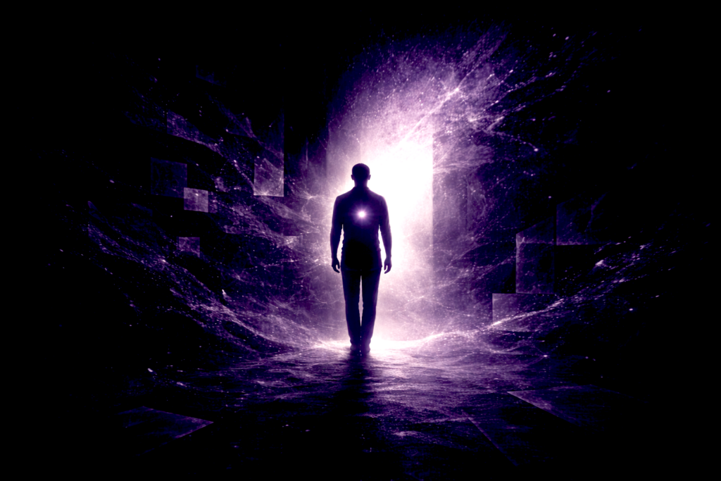 Œuvre au Noir, confrontation consciente à l’ombre intérieure et naissance progressive de la lumière psychique – illustration symbolique par Rayan Gori, Hypno-Alchimiste