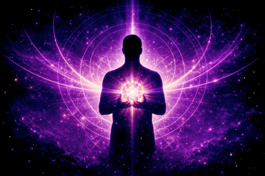 Œuvre au rouge, silhouette tenant la pierre philosophale rayonnante, image de Rayan Gori Hypno-Alchimiste