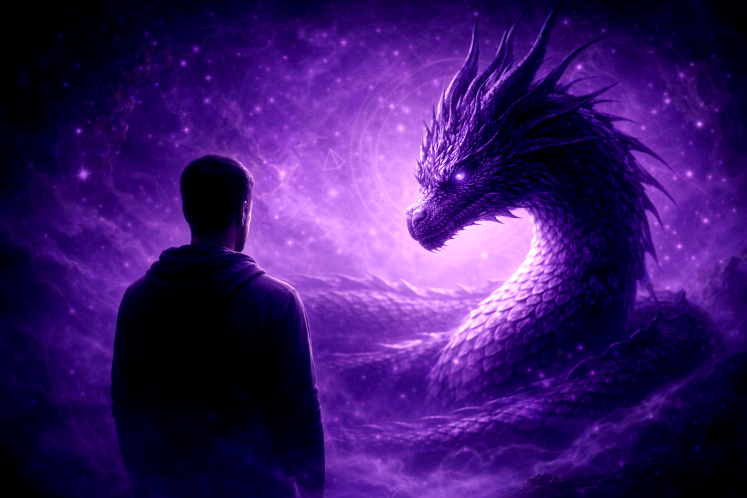 Rencontrer son Dragon intérieur — homme de dos face à un dragon apaisé, lumière violette — Rayan Gori, Hypno-Alchimiste