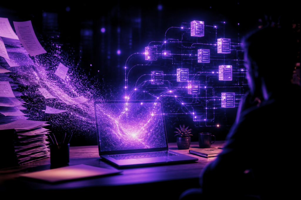 ordinateur avec flux de données organisées et documents numériques structurés en lumière violette