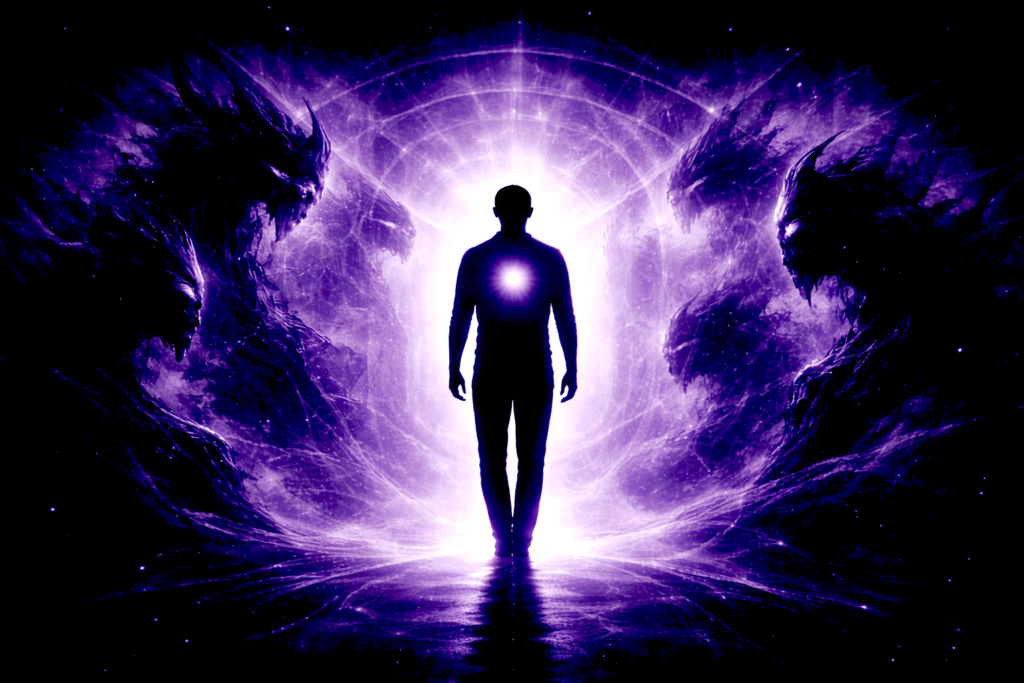 Silhouette humaine avançant vers une lumière intérieure entourée de figures symboliques représentant les peurs inconscientes – transmutation des peurs