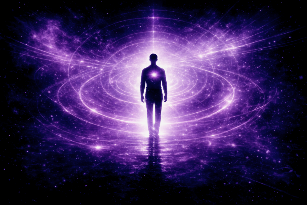 Homme lumineux au centre d’un espace violet cosmique symbolisant la réintégration en auto-hypnose dissociative par Rayan Gori Hypno-Alchimiste