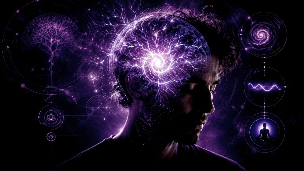 Portrait symbolique d’un homme en état d’introspection avec un cerveau lumineux violet, représentant le TDAH adulte, l’hypnose et l’auto-hypnose.