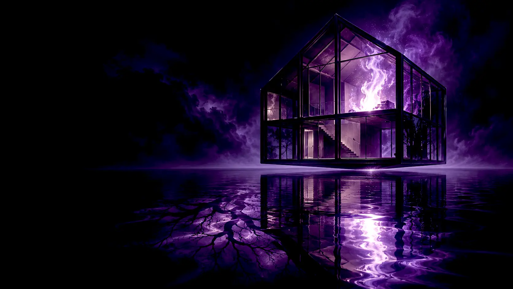 Une maison de verre contenant un feu violet, avec des reflets d’eau et de branches