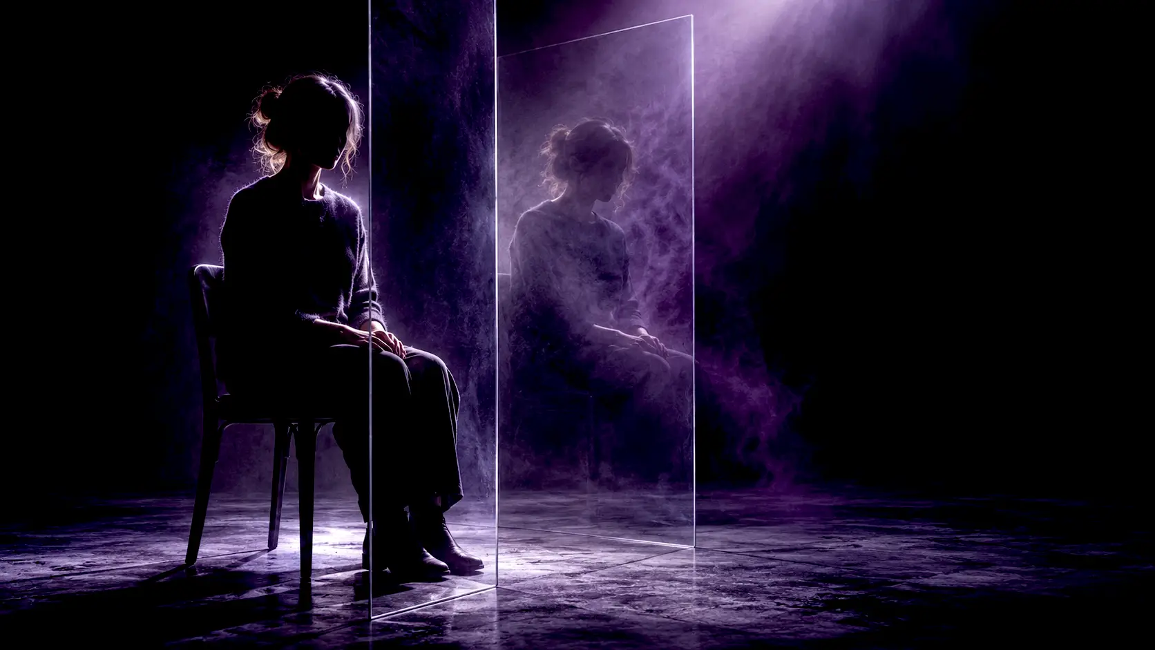 Une personne assise dans le silence, séparée de son reflet par des plans de verre violets